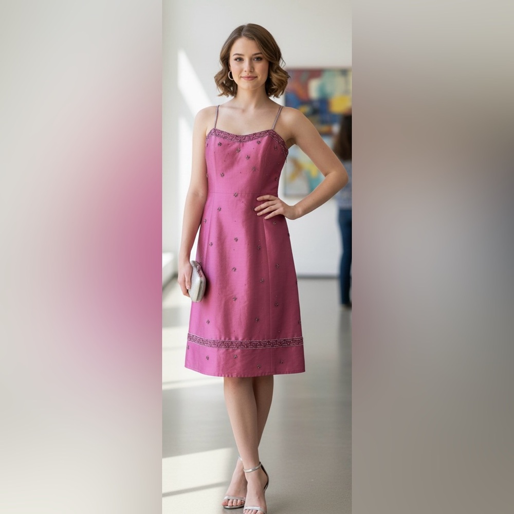 Laundry By Shelli Segal Pink Strapless Embellished Dress 4 100% Silk Barbie core